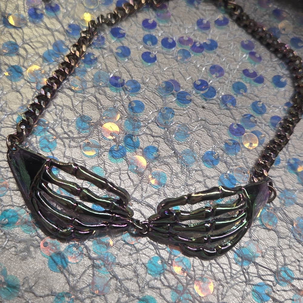 Black/Rainbow Iridescent Skeleton Hands Choker